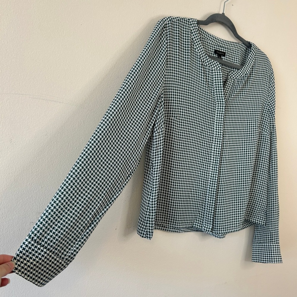 Talbots Womens Green White Houndstooth Hidden Button Office Blouse Large - Picture 4 of 5
